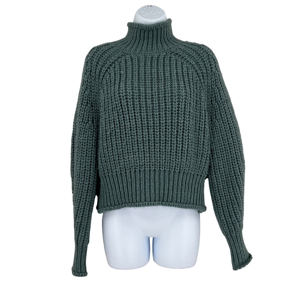H&M Women Teal Green Chunky‎ Ribbed Turtleneck Sweater Sz XS Pullover Earthy
